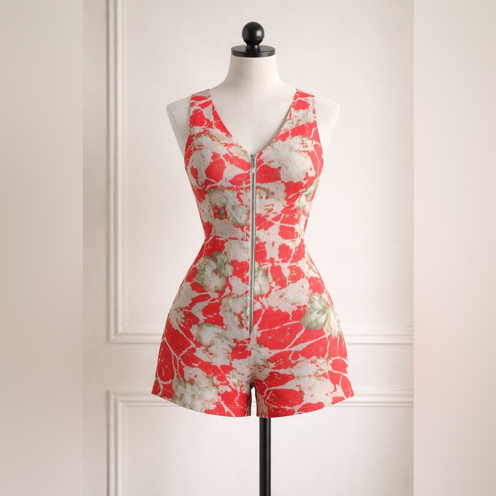 Orange/Red Floral Zip-Front Romper
